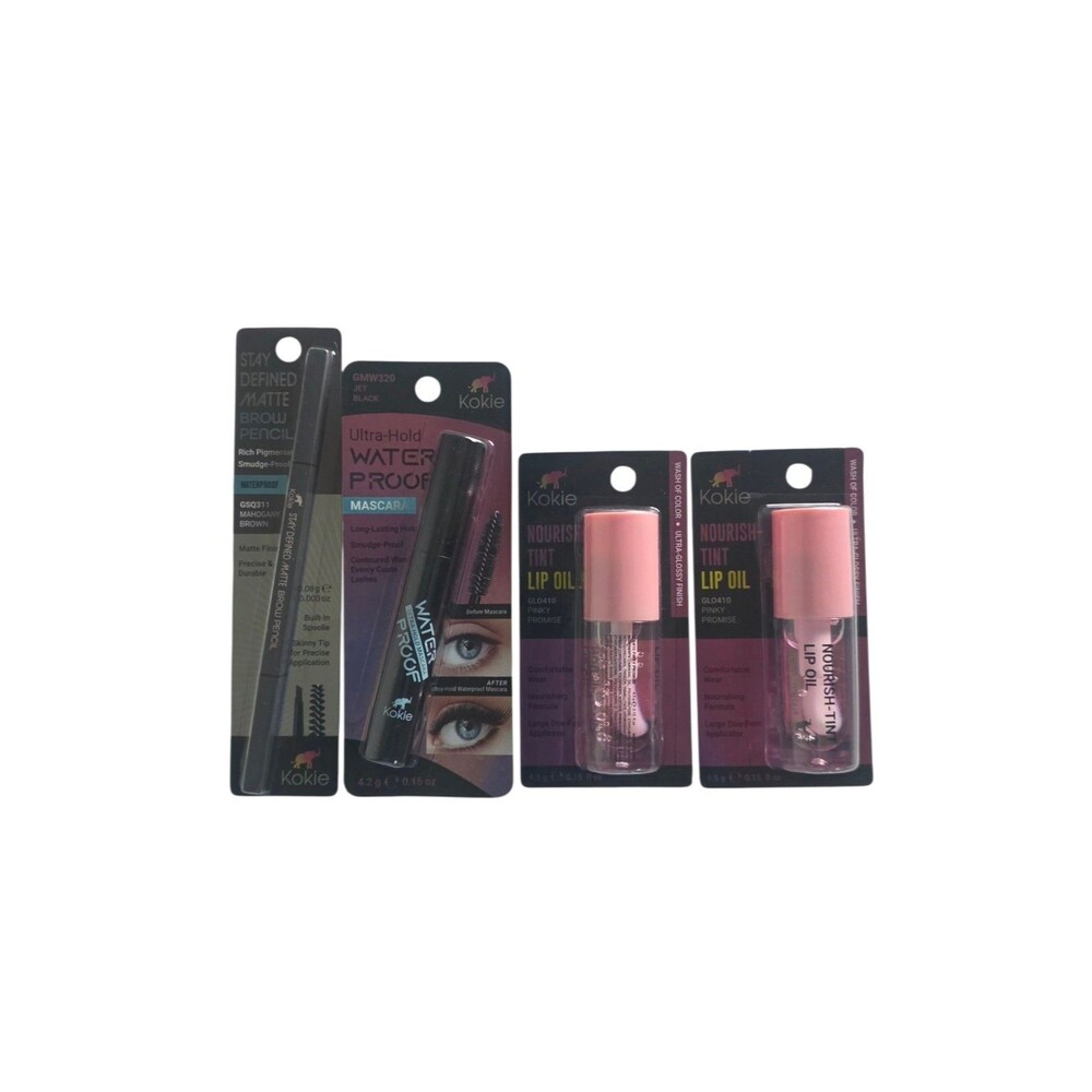 Kokie Nourish Tint Lip Oil , Mascara &Mahogany BrownMatte Brow Pencil Glossy 4pk